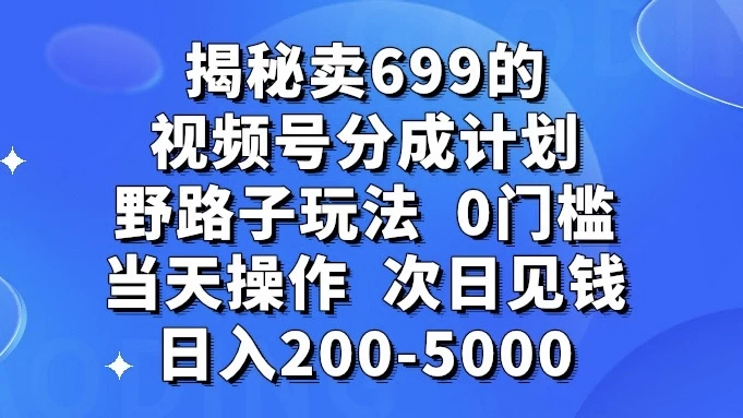 揭秘卖 699 的视频号分成计划野路子玩法，日入 200-5000，0 门槛，当天操作，次日见钱宝哥轻创业_网络项目库_分享创业资讯_最新免费网络项目资源宝哥网创项目库