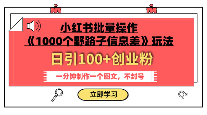 小红书批量操作《 1000 个野路子信息差》玩法，日引 100+ 创业粉，一分钟一个图文宝哥轻创业_网络项目库_分享创业资讯_最新免费网络项目资源宝哥网创项目库