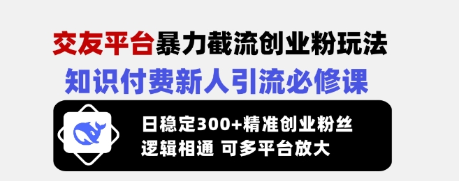 交友平台暴力截流创业粉玩法，知识付费新人引流必修课，日稳定300+精准创业粉丝，逻辑相通可多平台放大宝哥轻创业_网络项目库_分享创业资讯_最新网创免费网络项目资源宝哥网创资源项目库