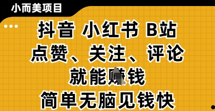 小而美的项目，抖音小红书B站视频点赞、关注、评论就能挣钱，简单无脑立见收益，妥妥的零撸项目【揭秘】宝哥轻创业_网络项目库_分享创业资讯_最新网创免费网络项目资源宝哥网创资源项目库