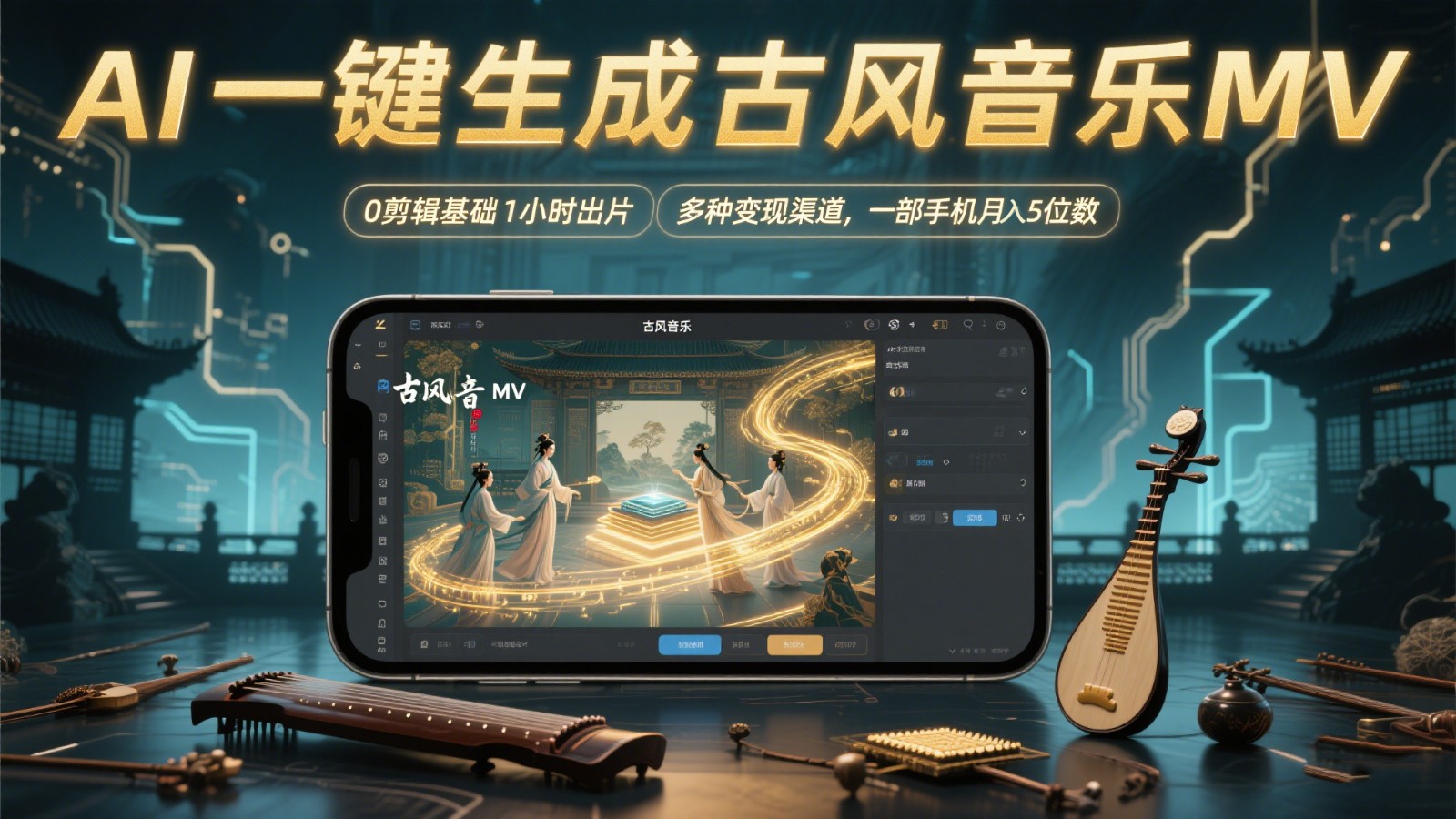 AI一键生成古风音乐MV，0剪辑基础1小时出片，多种变现渠道，一部手机月入5位数宝哥轻创业_网络项目库_分享创业资讯_最新网创免费网络项目资源宝哥网创资源项目库