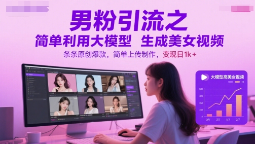男粉引流之简单利用大模型生成美女视频，条条原创爆款，简单上传制作，变现日1k+宝哥轻创业_网络项目库_分享创业资讯_最新网创免费网络项目资源宝哥网创资源项目库