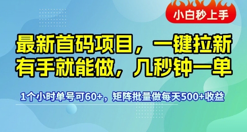 最新首码项目,一键拉新有手就能做,几秒钟一单,1个小时单号可60+,矩阵批量做每天5张 最新首码项目,一键拉新有手就能做,几秒钟一单,1个小时单号可60+,矩阵批量做每天5张