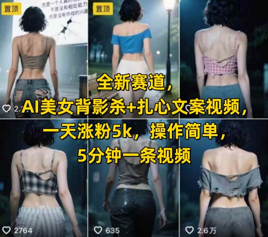 全新赛道，AI美女背影杀+扎心文案视频，一天涨粉5k，操作简单，5分钟一条视频宝哥轻创业_网络项目库_分享创业资讯_最新网创免费网络项目资源宝哥网创资源项目库