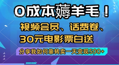 0成本薅羊毛!视频会员、话费卷、30元电影票白送，分享我如何靠转卖一天变现5张+【揭秘】宝哥轻创业_网络项目库_分享创业资讯_最新网创免费网络项目资源宝哥网创资源项目库